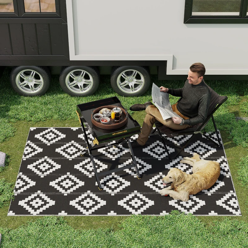 Outsunny Tapis extérieur Style Graphique - Tapis réversible 2 Motifs - dim. 2,74L x 1,82l m - PP Haute densité 310 g/m² Noir Blanc