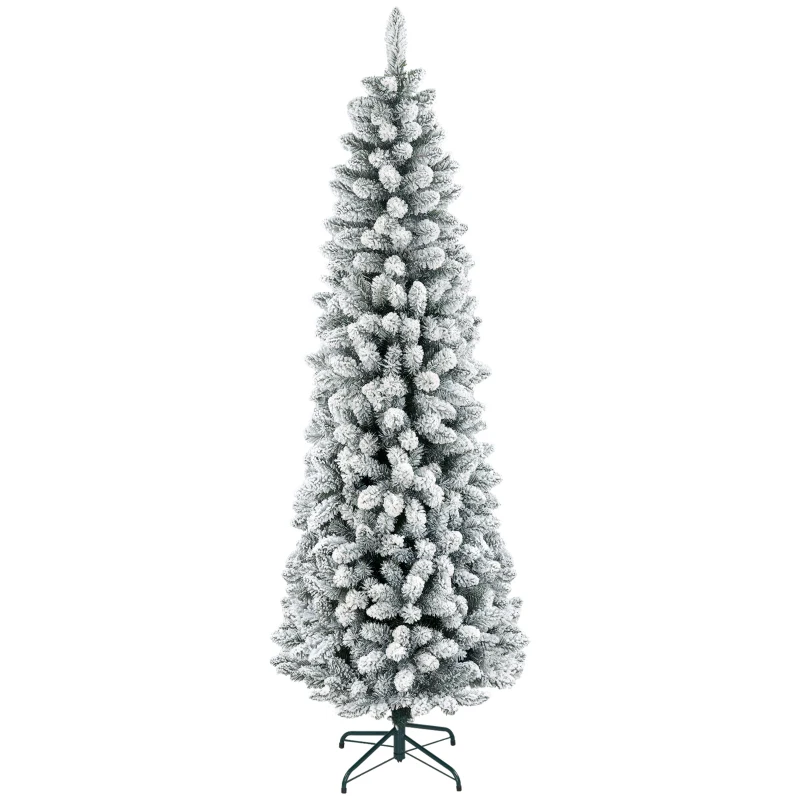 HOMCOM Künstlicher Weihnachtsbaum, flammenhemmend, mit Kunstschnee, schlank, Stahlfuß, 75 x 210 cm, Grün