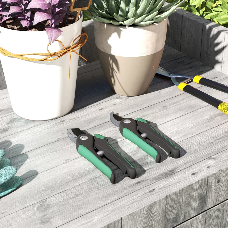 Outsunny Gartenwerkzeug Set 2 Stück Garten Werkzeug aus Metall Gartengeräte mit Gartenschere Grün+Schwarz