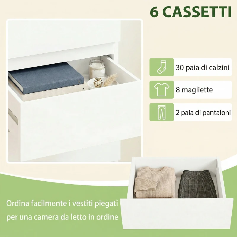 HOMCOM Comò Slim, 6 Cassetti Finitura Lucida, Camera da Letto, Bianco