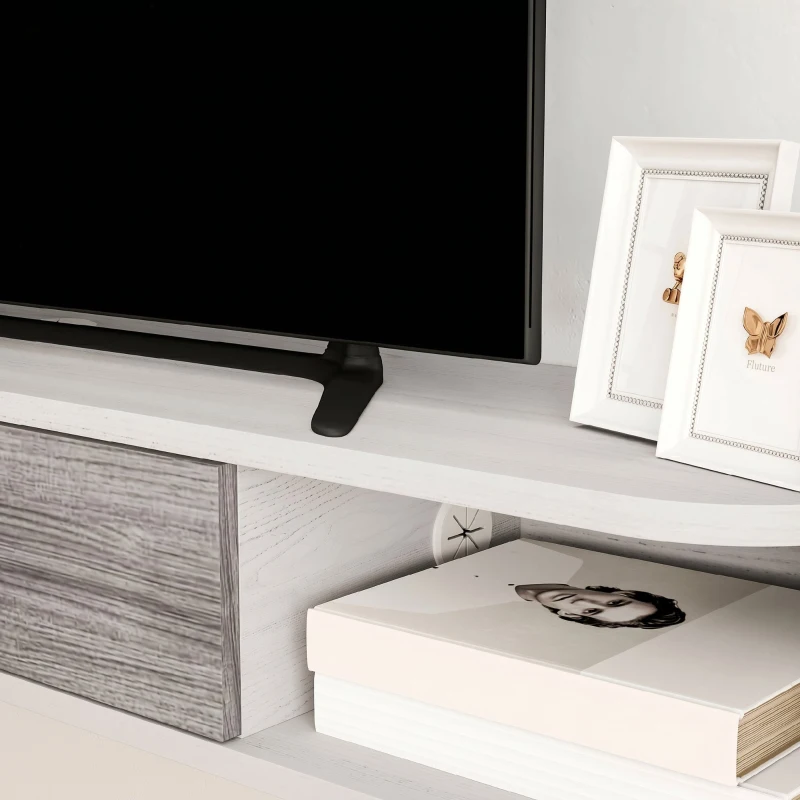 HOMCOM Dulap TV Suspendat din Lemn cu 2 Rafturi Deschise și Dulap, 120x26x16 cm, Alb și Gri