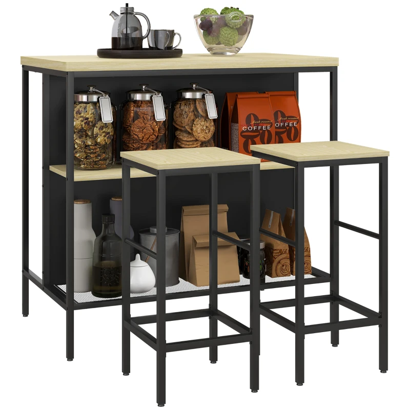 HOMCOM Bar-Set, 2 Barstühle & 1 Bartisch, fleckenresistent, stabil, Stahlrahmen, Schwarz/Eiche