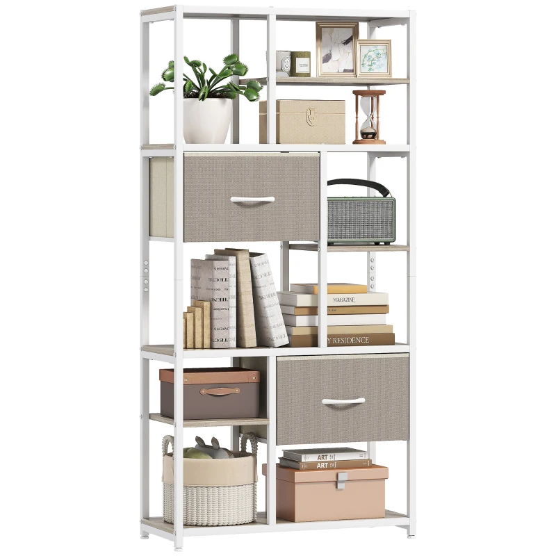 HOMCOM Étagère de rangement 6 niveaux, bibliothèque avec 2 tiroirs en tissu, 9 étagères ouvertes, 72,5 x 30 x 150 cm, blanc