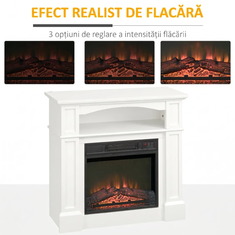 HOMCOM Șemineu Electric cu Efect de Flacără LED Reglabil 1800 W, Telecomandă, Timer și Raft Integrat, Alb