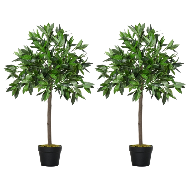 Outsunny Lauriers artificiels 0,90H m - Lot de 2 lauriers Boules artificiels - 564 Feuilles réalistes par Pied - Pot Inclus Noir Vert