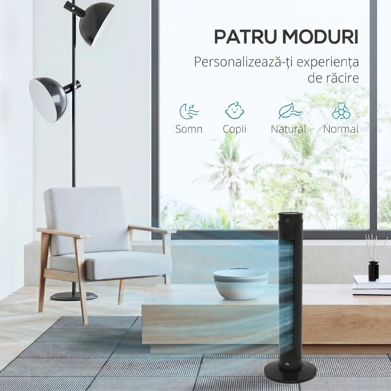HOMCOM Ventilator turn 45W cu 4 moduri și 3 viteze, timer de 12h, din ABS, Ø31.5x93 cm, negru
