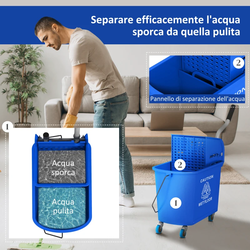 HOMCOM Carrello per Pulizie in Plastica PP da 20L con Secchio e Strizzatore, 60x27x70.5 cm, Blu