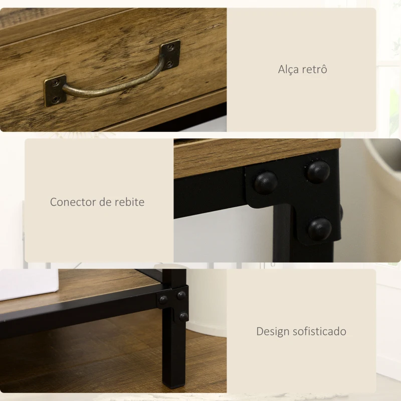 HOMCOM Mesa Consola Industrial Mesa de Sofá com 2 Gavetas e Prateleira para Entrada com Pés de Metal Castanho e Preto