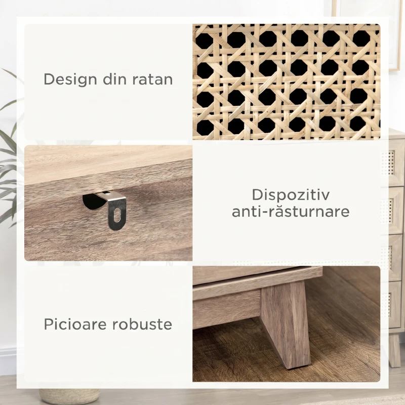 HOMCOM Comodă cu 4 Sertare și Inserții din Rattan Stil Boho, 80x35x95 cm, Lemn Natural