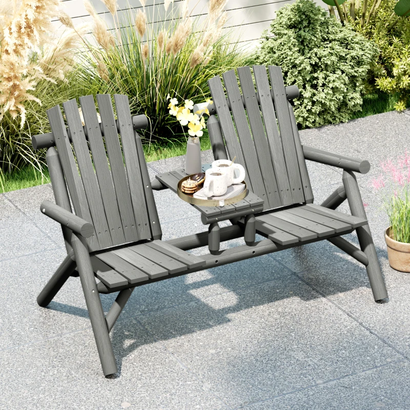 Outsunny Wood Patio Chair Bench 2 Seats w/ Centre Coffee Table, Garden Bench, Grey