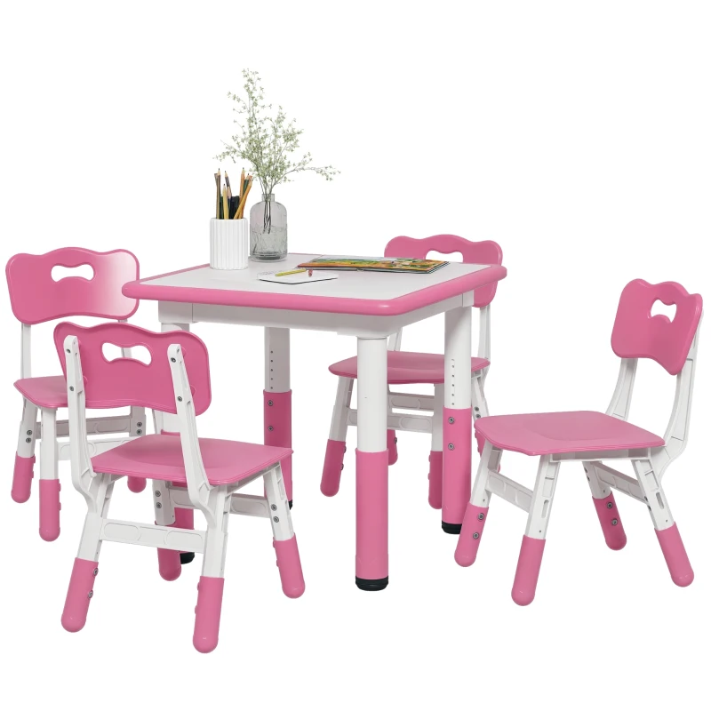 AIYAPLAY Set masă și scaune pentru copii, 5 piese, cu 4 scaune ajustabile 32x36x52.5-56 cm și masă 60x60x46-58 cm, roz