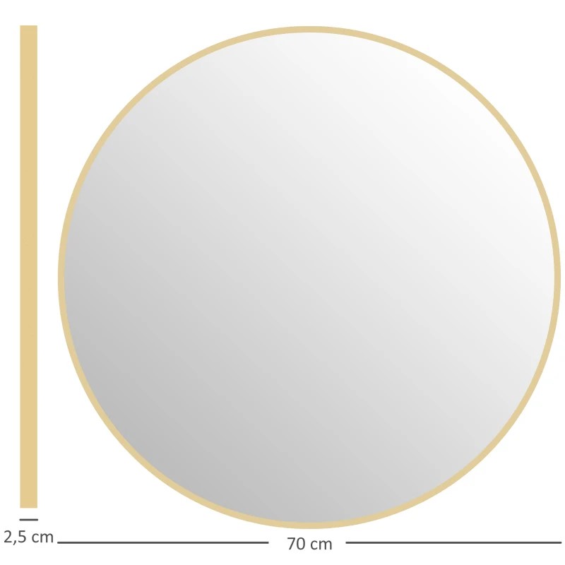 HOMCOM Specchio Rotondo da Bagno con Superficie Antiurto, in Vetro e Acciaio, Ø70x2.5 cm, color Oro