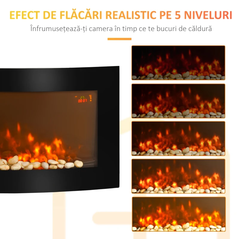 HOMCOM Șemineu Electric de Perete cu Lumină LED în 7 Culori, Putere 1000/2000W și Temperatură 15-30°C, Negru