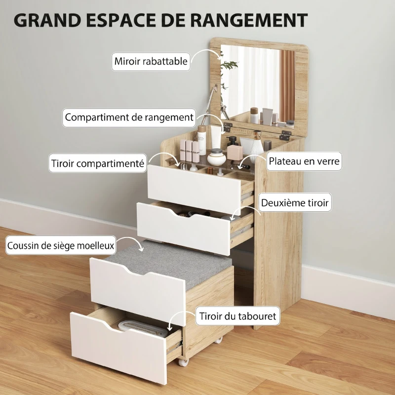 HOMCOM Coiffeuse avec miroir rabattable et tabouret de rangement, table de maquillage, 2 tiroirs, siège rembourré, chêne blanc