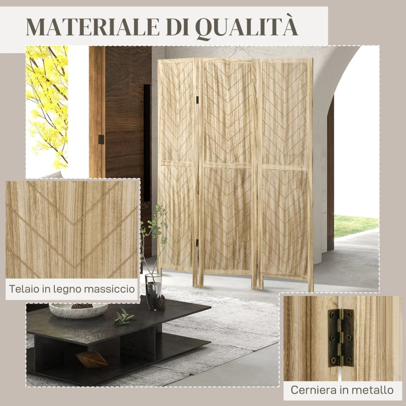 HOMCOM Paravento da Interno Pieghevole a 3 Ante a Spina di Pesce in Legno, 120x1.6x170 cm