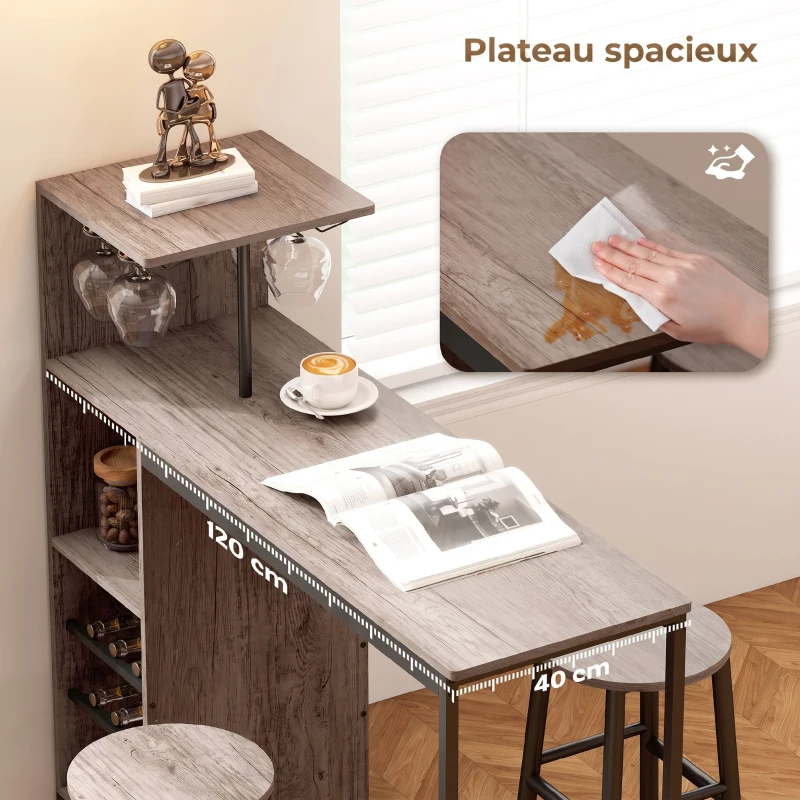 HOMCOM Ensemble table de bar avec tabourets, table à manger debout avec 2 chaises de bar étagères, casiers à vin, gris