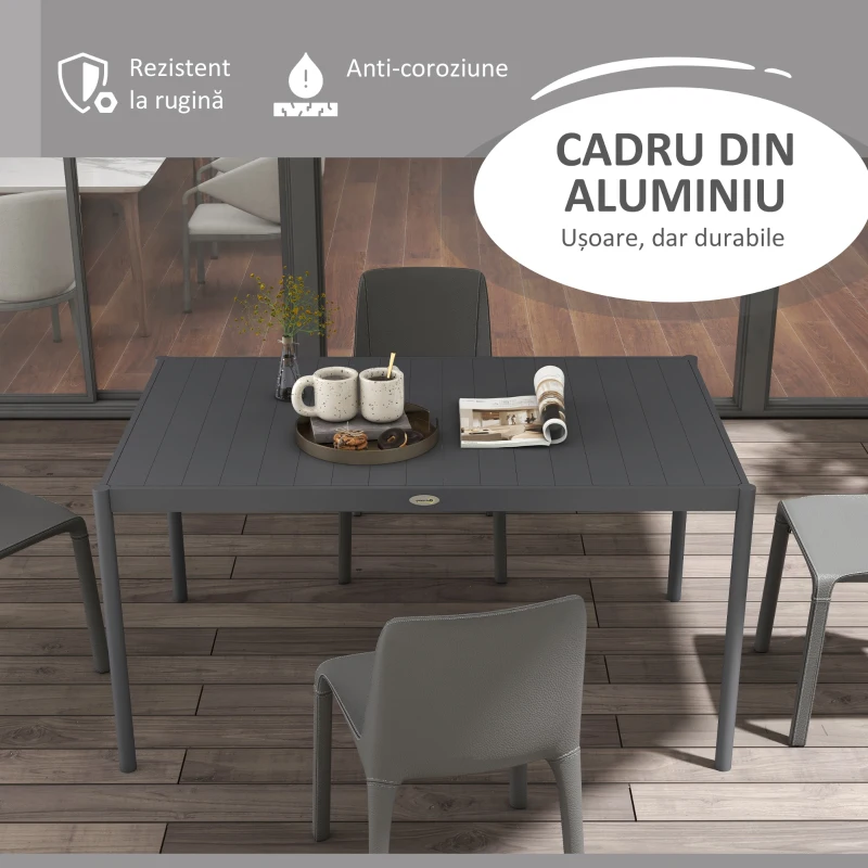 Outsunny Masă de Grădină cu Lamele, Dimensiuni 145x90 cm, Masă de Dining pentru 6 Persoane, Rectangulară, din Aluminiu și Oțel, pentru Curte, Terasă, Balcon și Exterior, Gri Închis