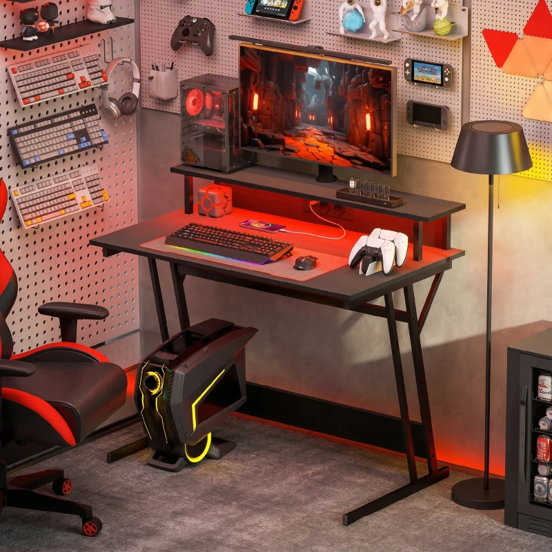 HOMCOM Birou Gaming cu Lumini LED și Suport pentru Monitor, din PAL și Oțel, 100x60x88.5 cm, Negru