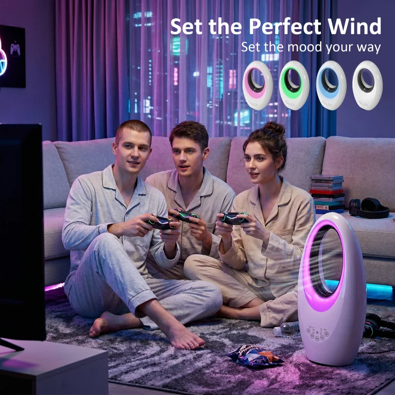 HOMCOM Bladeless Tower Fan, 36dB Standing Cooling Fan with 60° Oscillating, LED Lights, 3 Speeds, 7.5H Timer, Remote Control