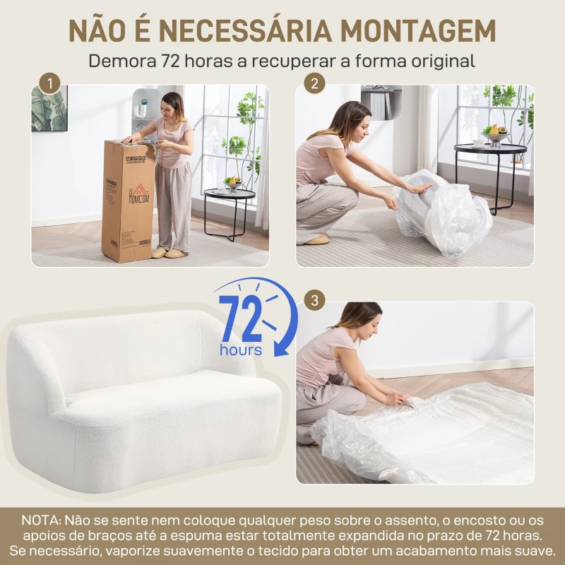HOMCOM Sofá de 2 Lugares Estofado em Borreguito Sofá de Sala de Estar com Desenho Curvo e Acolchoamento Grosso142x85x73,5 cm Creme
