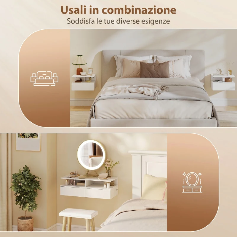 HOMCOM Set 2 Comodini Sospesi con Stazione di Ricarica, Cassetto e Ripiano Aperto, in Legno, 40x35x30 cm, Bianco