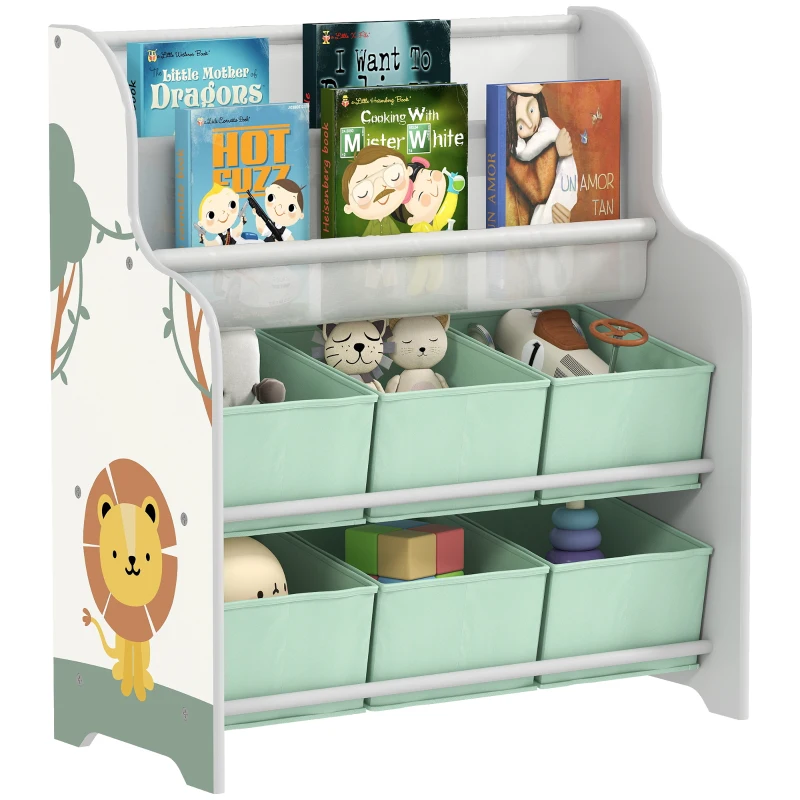AIYAPLAY Raft pentru Jucării cu 6 Sertare din Material Textil și Bibliotecă cu 2 Nivele, din Lemn și Oțel, 63x30x71 cm, Verde