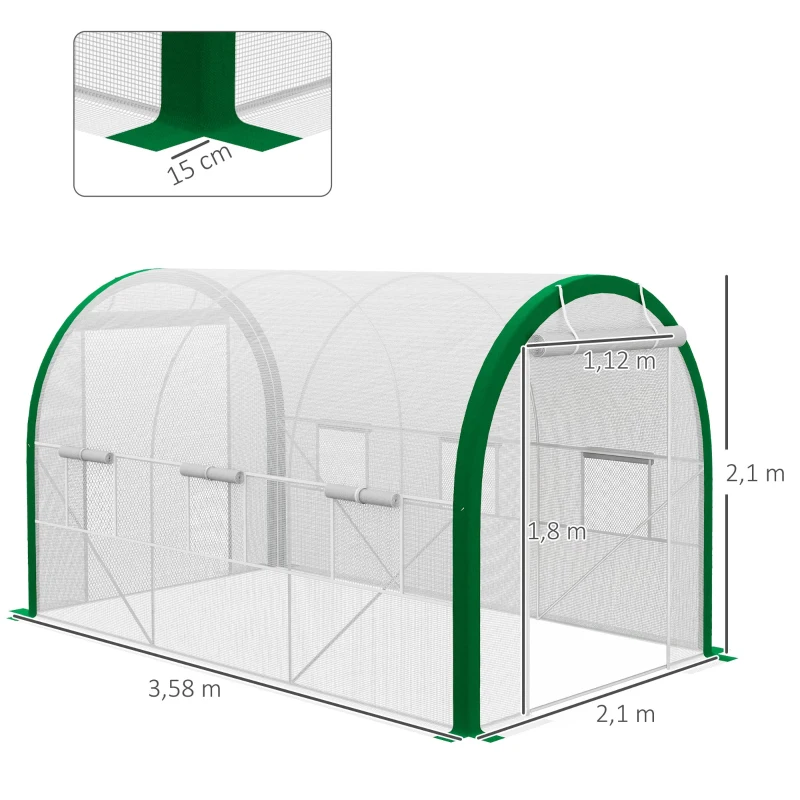 Outsunny Tunnel-Gewächshaus, Treibhaus, Reißverschlusstüren, Netzfenster, Metallrahmen, 3,5 x 2 x 2m, Weiß
