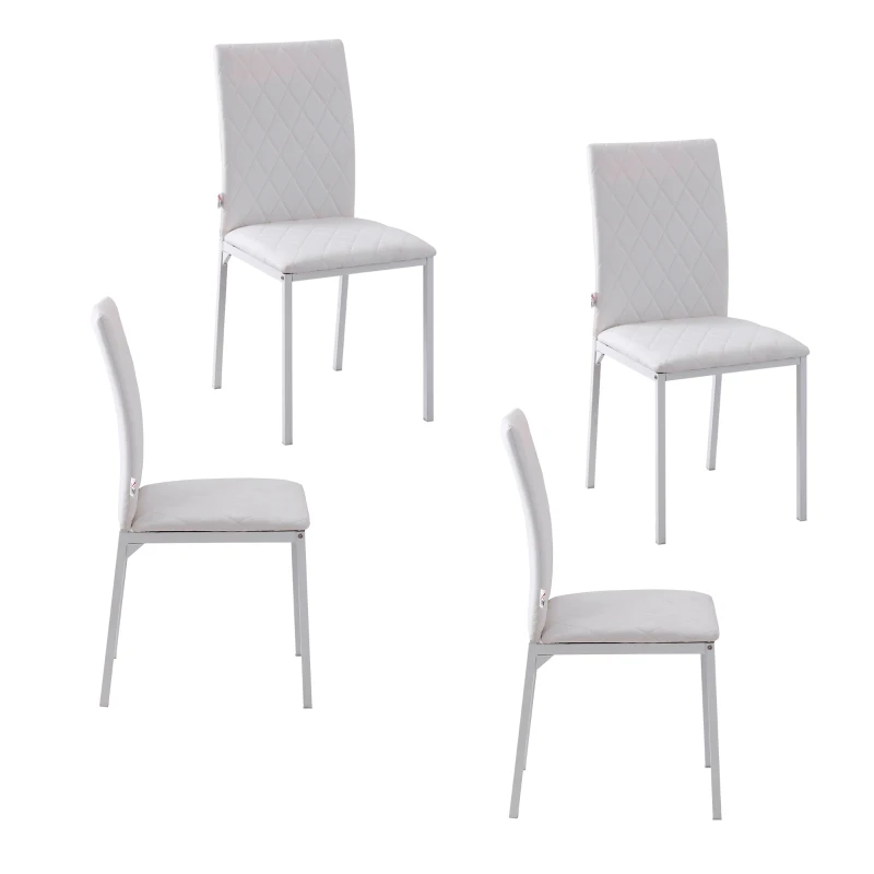 HOMCOM Pack de 4 Sillas de Comedor, Sillas de Cocinas Modernas, Respaldo Alto con Costuras Decorativas de Diamantes, Tapizadas en Cuero Sintético, Patas de Acero, Carga 120 kg, Blanco
