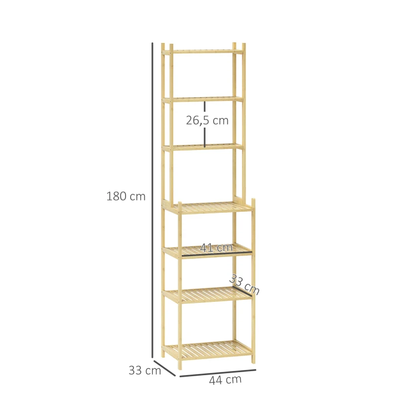HOMCOM Estante de Casa de Banho de Bambu de 7 Níveis Estante de Arrumação com Desenho de Ripas 44x33x180 cm Madeira