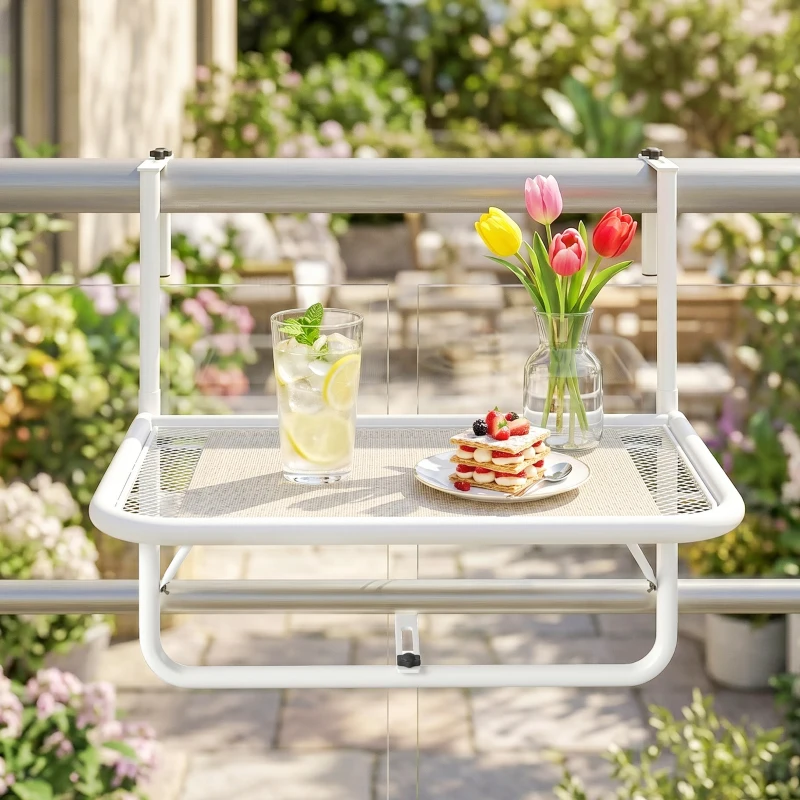 Outsunny Mesa Suspensa para Varanda com Braço e Altura Ajustável em 3 Posições Estrutura de Metal 60x56,5x45 cm Branco