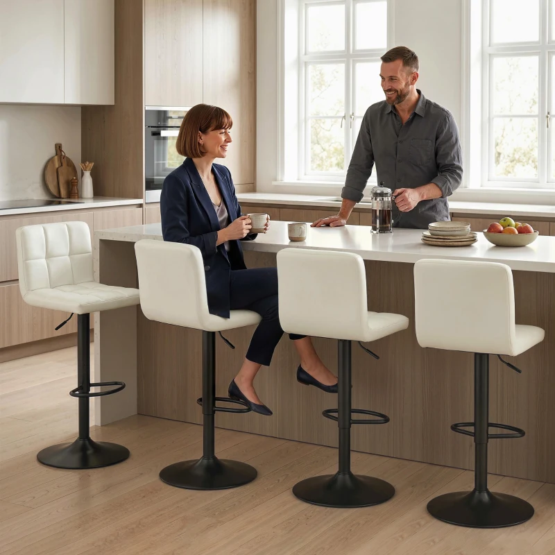 HOMCOM Set 2 Scaune de Bar Reglabile cu Suport pentru Picioare, din Piele PU și Oțel, 39,5x44x88-110 cm, Crem