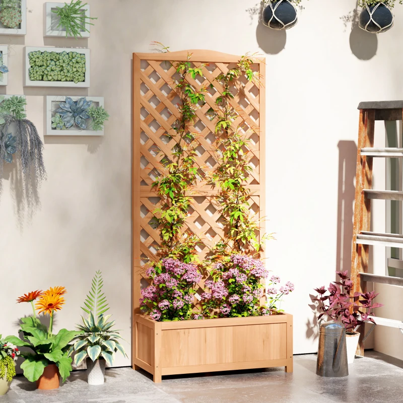 Outsunny Jardinière avec treillis bac à fleurs avec treillis fond à lattes bois massif 76 x 36 x 170 cm marron