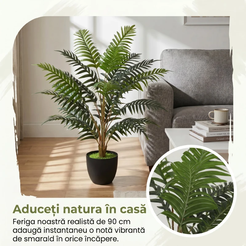 HOMCOM Plantă Artificială de Ferigă cu 20 de Frunze din PEVA, Ramuri Flexibile, Ghiveci Negru din PP și Ciment, Verde