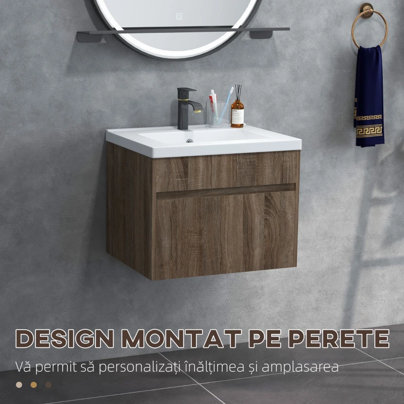 kleankin Dulap pentru chiuvetă de 60cm cu sertar din lemn și lavoar din ceramică, maro deschis