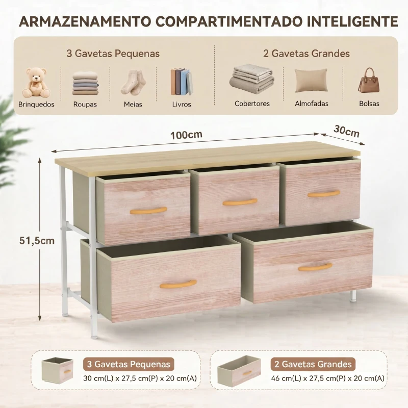 HOMCOM Cómoda com 5 Gavetas de Tecido Cómoda para Quarto Estrutura Metálica 100x30x51.5 cm Madeira e Branco