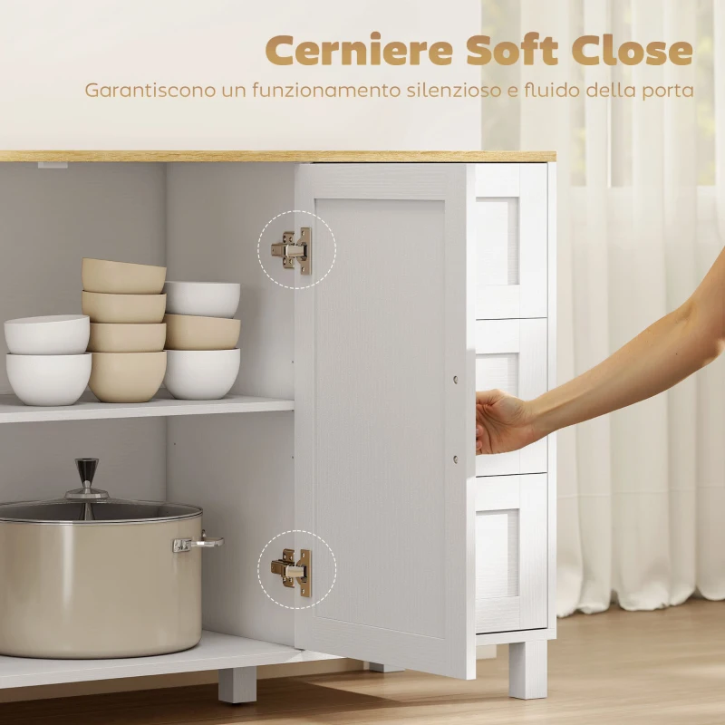 HOMCOM Mobile Cucina con 3 Cassetti e Armadietto 2 Ante Ammortizzate, Ripiani Regolabili, 120x38x76 cm, Bianco