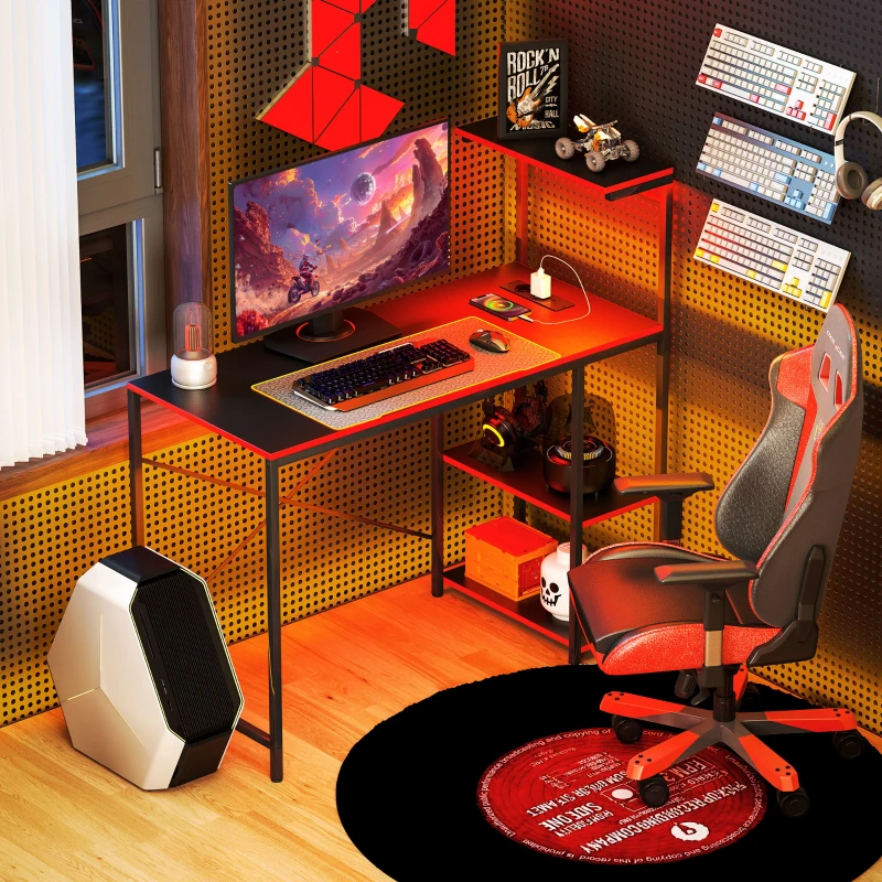 HOMCOM Escritorio Gaming de Fibra de Carbono con Luces LED 110x50 cm Tomas de Corriente Estantes y Control Remoto Negro