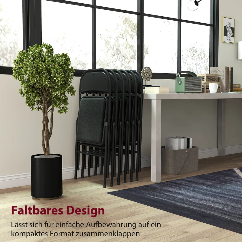HOMCOM 6er-Set Klappstühle, Tragbare Bürostühle, Metallbeine, Faltstuhl für Büro, Empfang, Wartezimmer, Leinenoptik, Schwarz