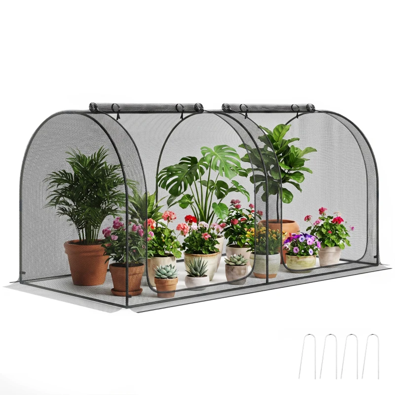 Outsunny 2,49 x 1,2 m Gartennetz, Pflanzenschutzzelt mit Tür, Winddichtes Schädlingsschutznetz mit Stahlrahmen, Schwarz