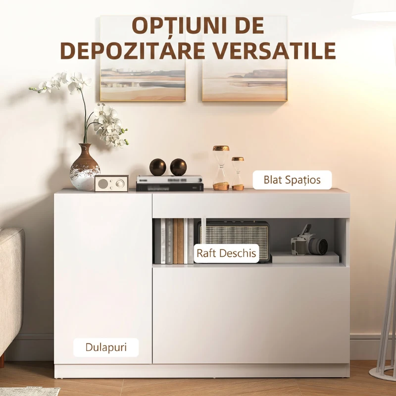 HOMCOM Bufet Modern Joș cu Uși cu Amortizor și Deschidere prin Apăsare, Polițe Reglabile, Alb