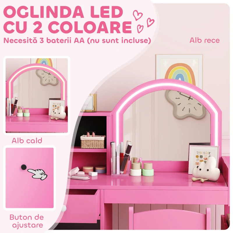 AIYAPLAY Set Măsuță de Machiaj pentru Copii 3-8 Ani 2 în 1 cu Oglindă și Scaun, Roz