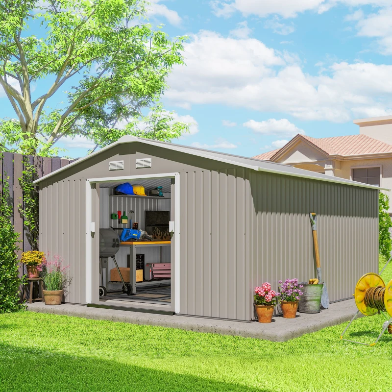 Outsunny Abrigo de Jardim 340x386x200 cm 13,1 m² Abrigo de Exterior de Aço com Portas de Correr e Ventilações Cinza Claro