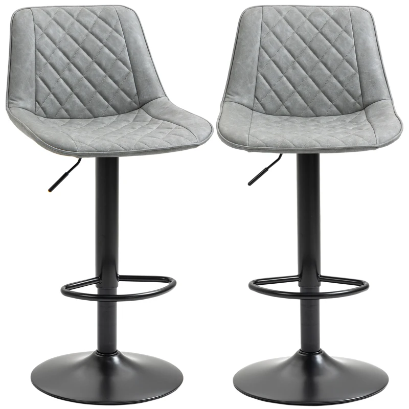 HOMCOM Conjunto de Bancos de Bar Estofados em PU Bancos Altos de Sala de Jantar com Altura Ajustável 46,5x51x86-106 cm Cinzento
