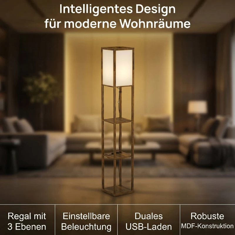 HOMCOM LED Stehlampe mit 3 Regalen, Stehleuchte mit E27 Fassung, 26 x 26 x 160 cm, für Wohn-/Schlafzimmer