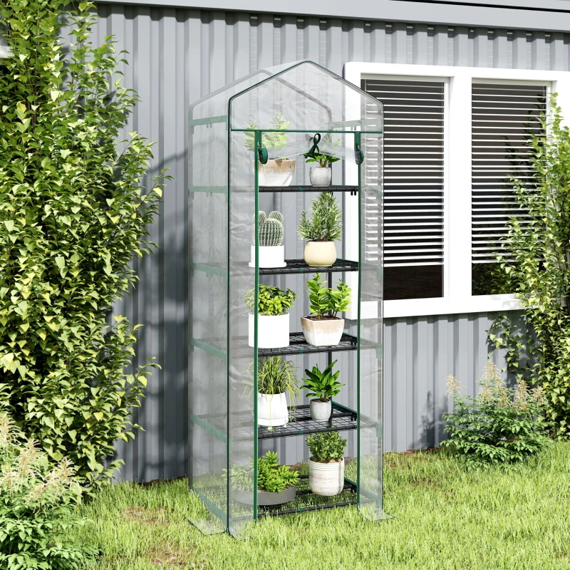 Outsunny Mini Serra da Giardino e Terrazza per Piante a 5 Ripiani in Acciaio con Copertura in PVC, 69x49x193 cm, Verde
