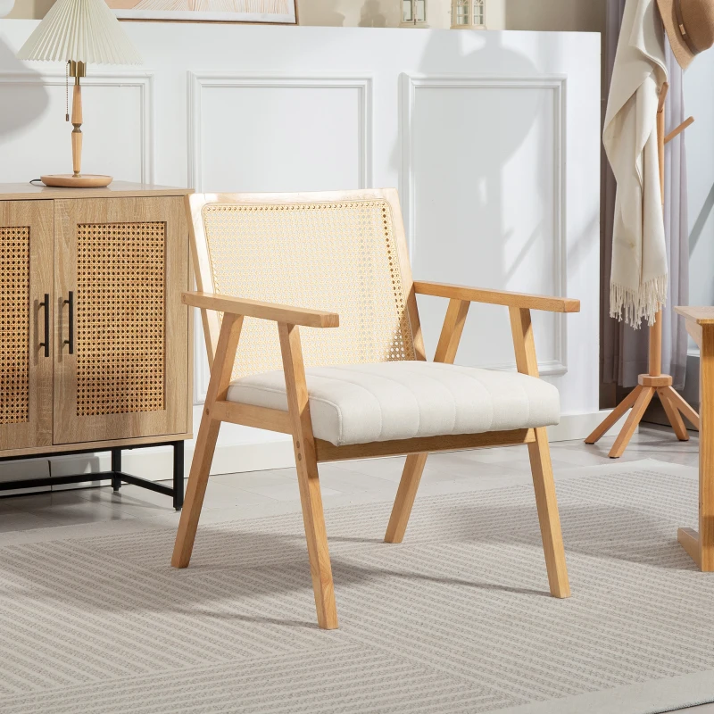 HOMCOM Fauteuil de salon en bois, chaise cannage avec dossier en rotin et coussin rembourré et accoudoirs, bois naturel