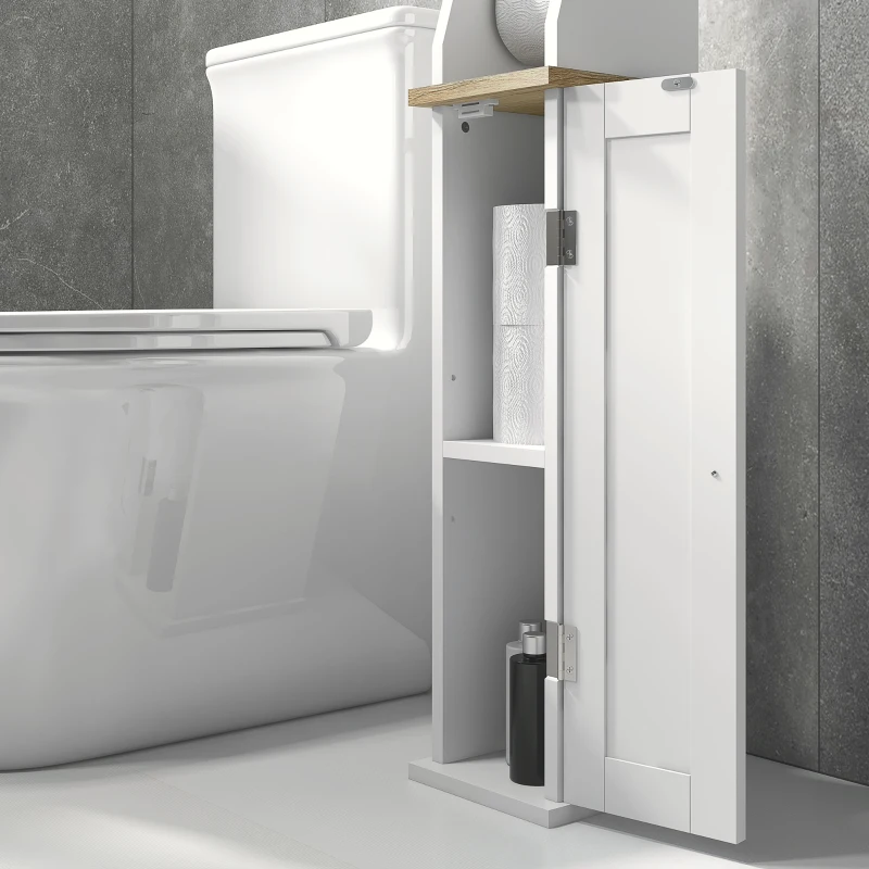 kleankin Mobile Bagno Porta Carta Igienica Salvaspazio con Armadietto e Mensola Regolabile, 18x20x80 cm, Bianco