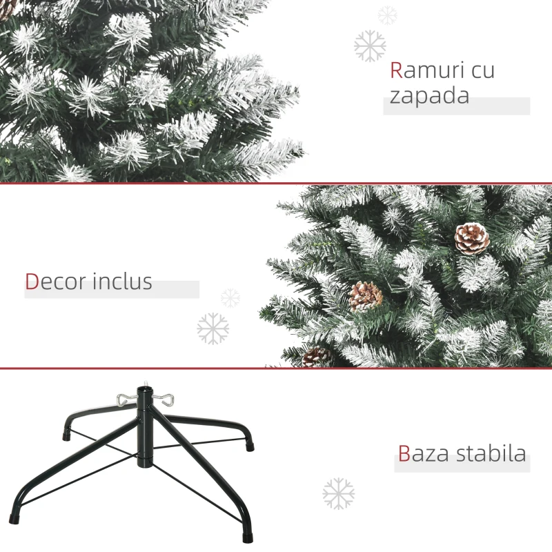 HOMCOM Brad de Crăciun acoperit de zăpadă, 150 cm, cu 464 ramuri și 28 conuri din plastic și metal, verde și alb