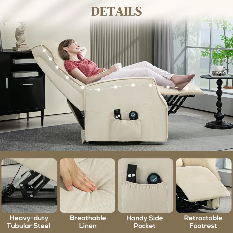HOMCOM Fotoliu Relax cu Funcție de Ridicare și 8 Puncte de Masaj, Rabatare la 135° și 2 Telecomenzi, Crem