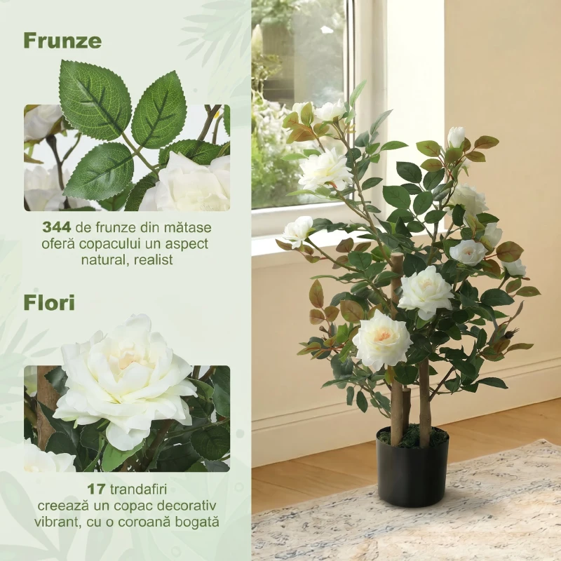 HOMCOM Trandafir Artificial cu 17 Flori, 344 Frunze Mătase, Decor Interior Exterior, 15x15x90 cm, Alb